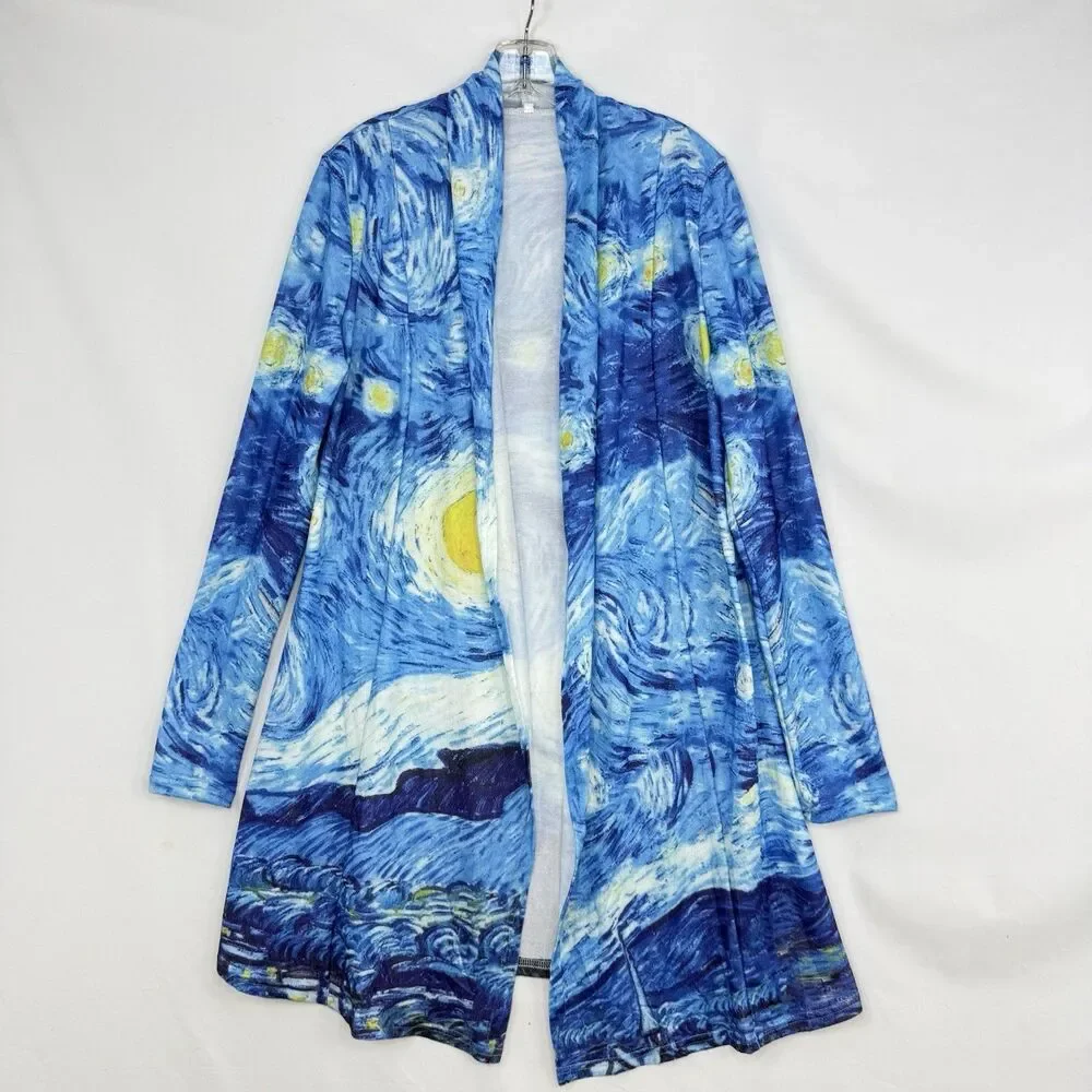 Starry Night Print Open Front Cardigan Women Size M Blue Art Knit